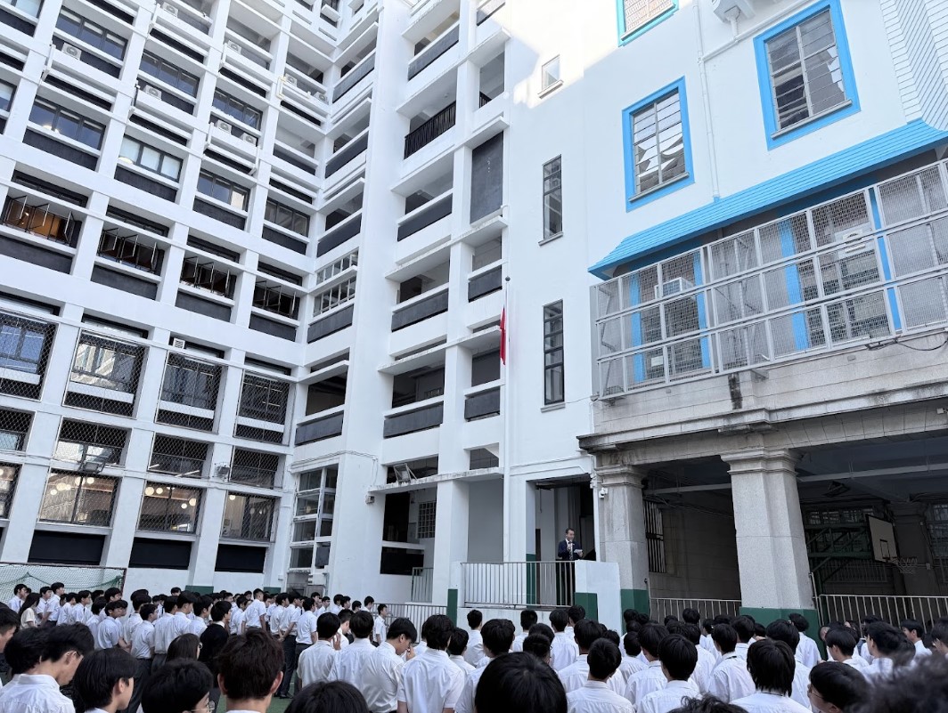 National Flag Raising Ceremony on the school day before National Day and Speech under the National Flag by Principal Mr T. M. Kwok